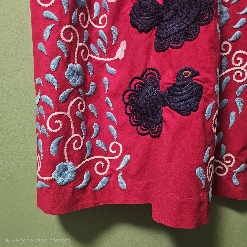 Frances Valentine Embroidered Peacock Caftan Red & Blues Maxi Dress - Picture 7 of 16